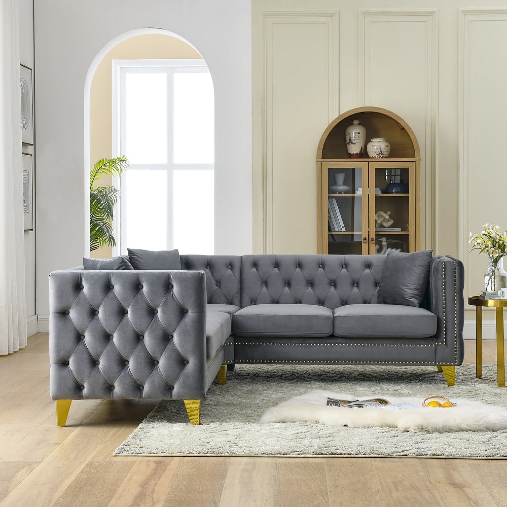 Roomfitters 80.5" Chesterfield Sofa, 3-Seater Velvet Tufted Couch with Square Arms, Nailhead Trim and Gold Metal Legs