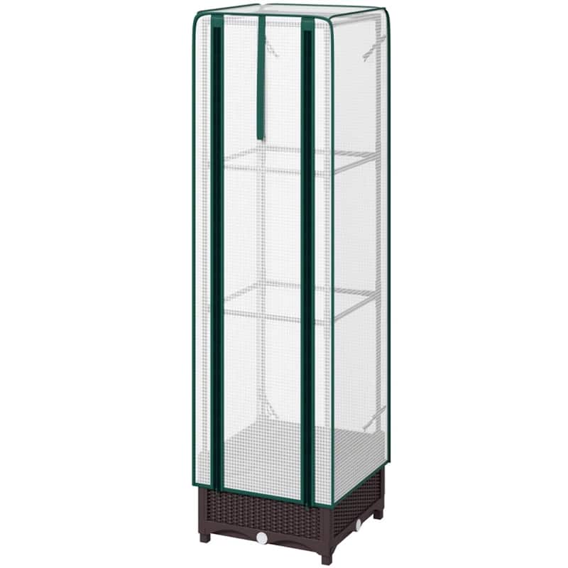 Brown and White Mini Greenhouse with PE Cover and Self-Watering System and Roll-Up Zipper - 15.7" W x 15.7" D x 48.8" H