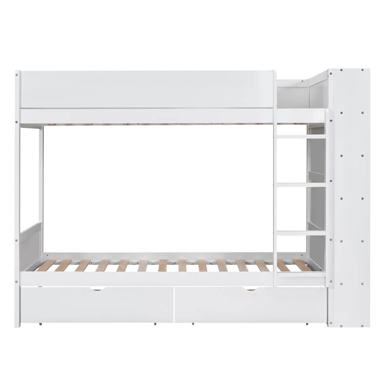 White Twin over Twin Bunk Bed with 2 Drawers & Multi-layer Cabinet, Space-Saving Kids Furniture
