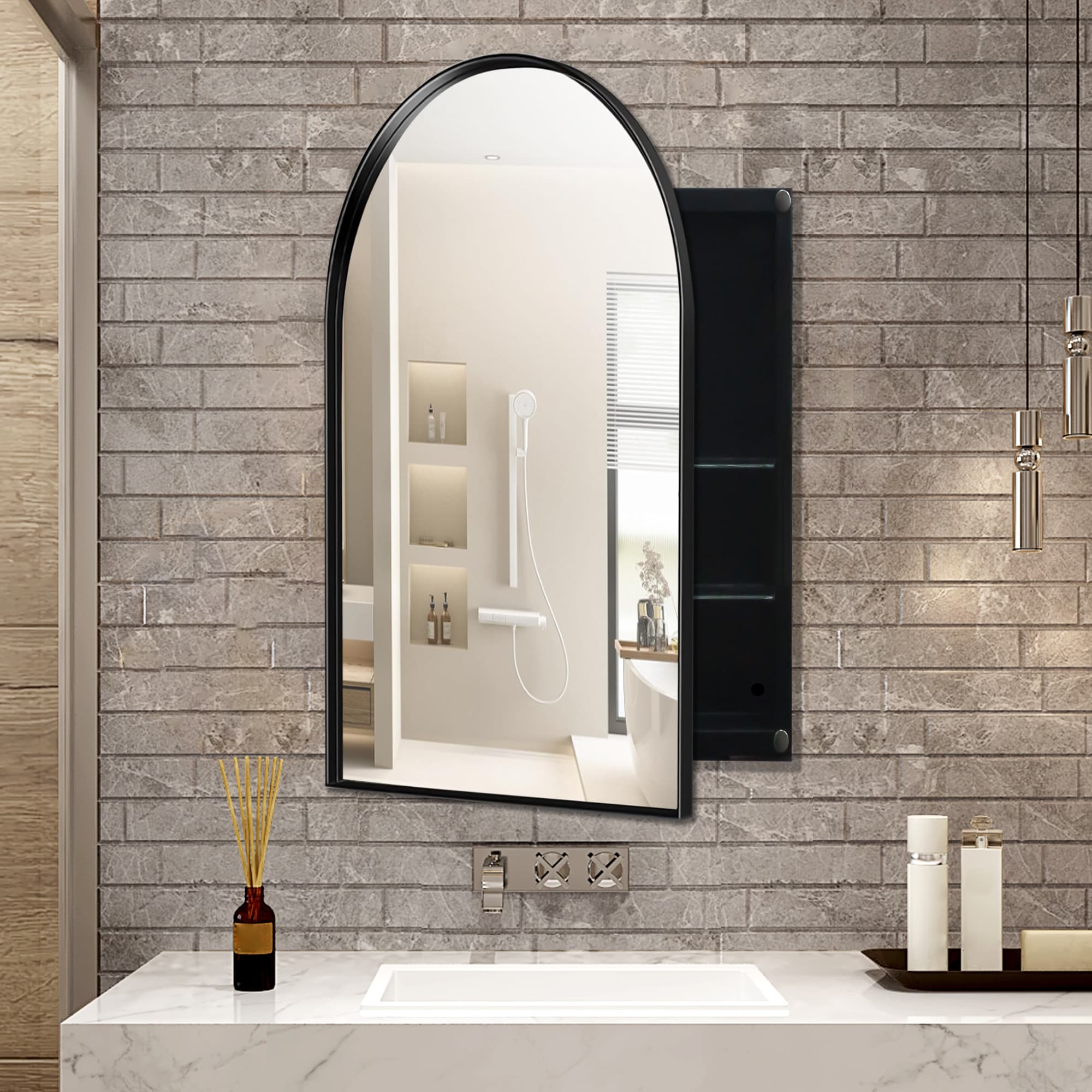 24" * 36" Arched Recessed Black Metal Framed Medicine Cabinet with Mirror - 35.8 inches L x 24 inches W x 4.7 inches H