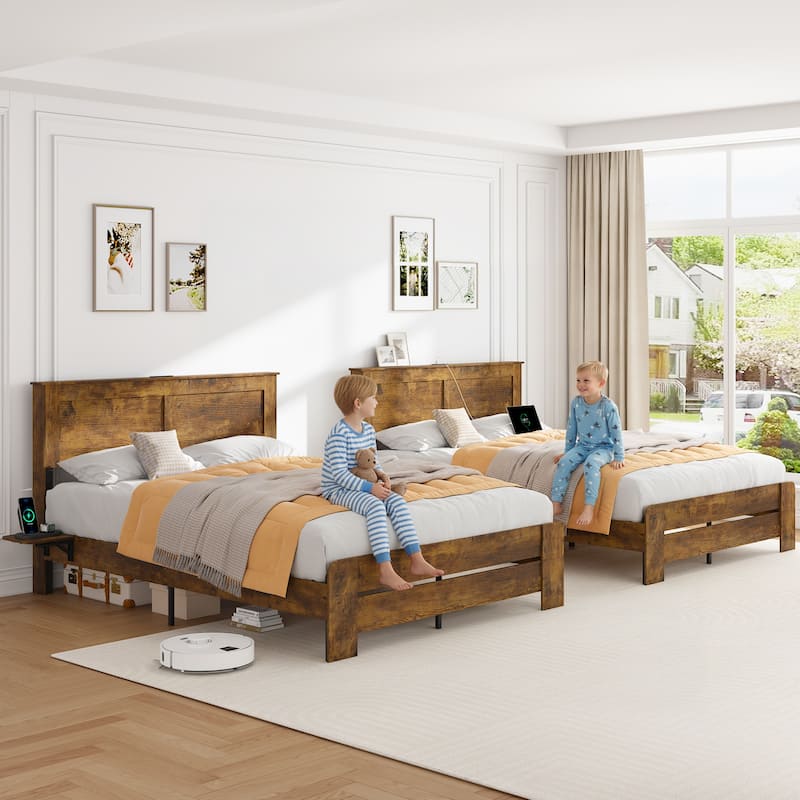 Wooden Platform Bed Industrial Bed Frame with Headboard/Small Night Light/Foldable Side Tables/Charging Station/Antique Natural