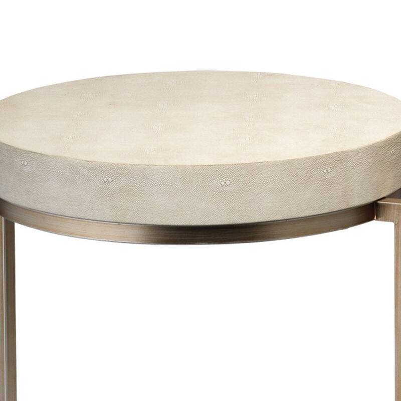 Metal Side Table with Round Top and Bottom, White and Gold