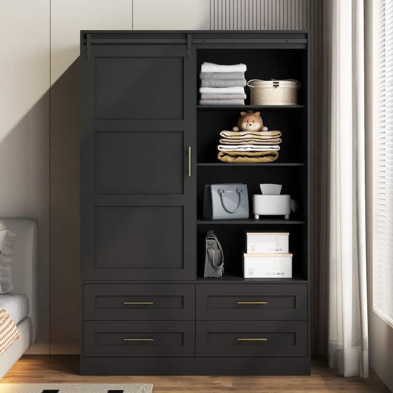 Sliding Barn Doors Armoire Wardrobe Bedroom Storage Cabinet with Hanging Rod, Open Shelves & Drawers, Black
