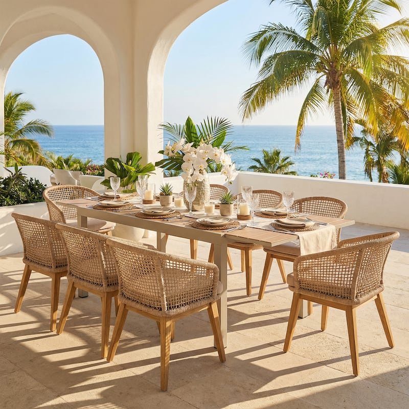 Extendable Outdoor Dining Set with Woven Rope Back Chairs with Cushions and All-Weather Aluminum Patio Table - Fine rope braiding