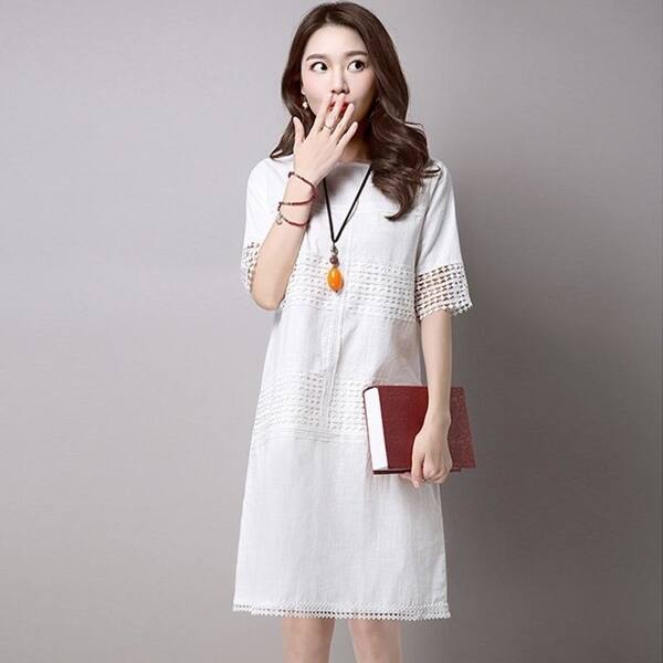 Shop Lace Hollow Cotton Linen Dresses 2018 Spring Summer Women