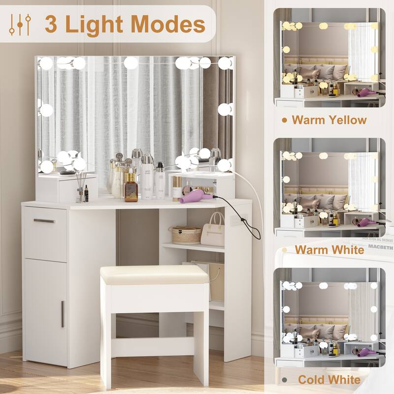 Corner Vanity Mirror with Lights and Table Set & Power Outlet