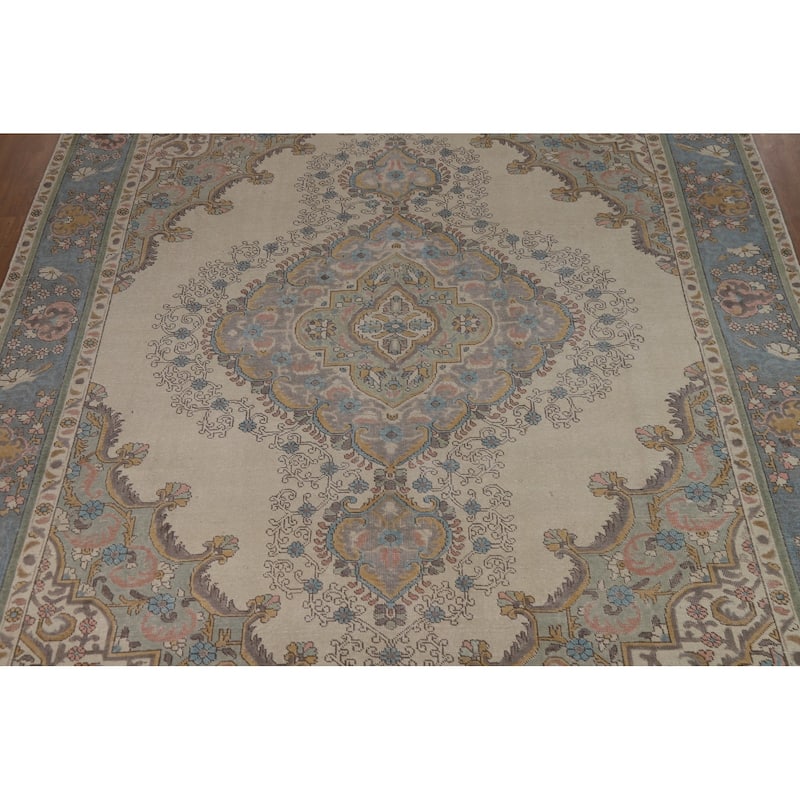 Geometric Tabriz Persian Area Rug Hand-Knotted Beige Wool Carpet - 9'10"x 12'6"