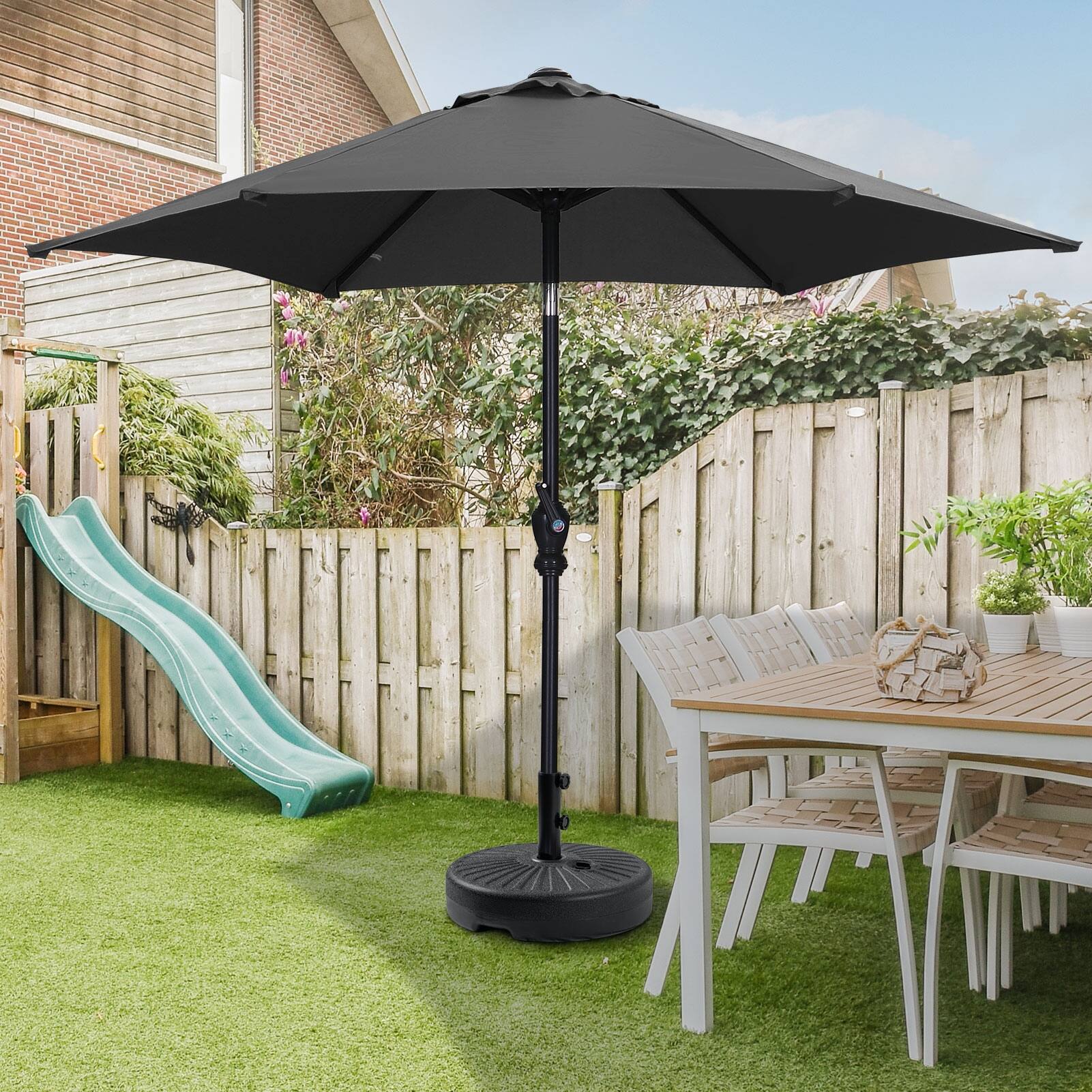 black 7 ft solar patio umbrella Tilt | Auto-Tilt, LED Lighting, Wind Resistant | Commercial Grade | Sunbrella resistant polyester canopy offers sun protection LIVOOSUN Patio 7.5 Feet Market