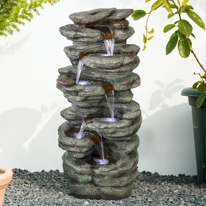 SunJet 40" H 6-Tiers Cascading Rock Outdoor Water Fountain with LED Lights - 40'' H X 18'' W X 12'' D