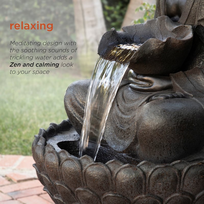 Alpine Corporation WIN1170 Outdoor Floor Calming Buddha Statue Waterfall Fountain with Realistic Stone Look, 53", Gray