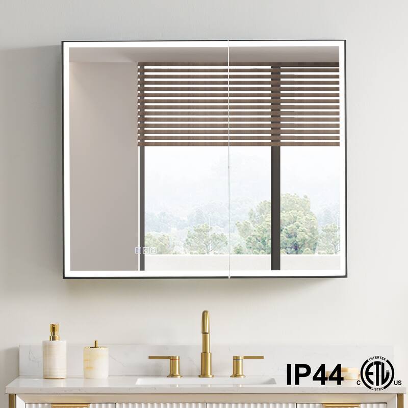 30'' H Recessed Or Surface Wall Mounted LED Mirror Cabinet With Mirror And Adjustable Shelves,Black Frame - 36"W X30"H,Dual Open
