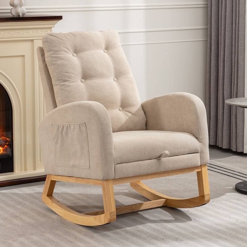Rocking Chair with Footrest, Nursery Glider Chair with Rubber Wood Legs Side Pocket, High Back Nursing Chair