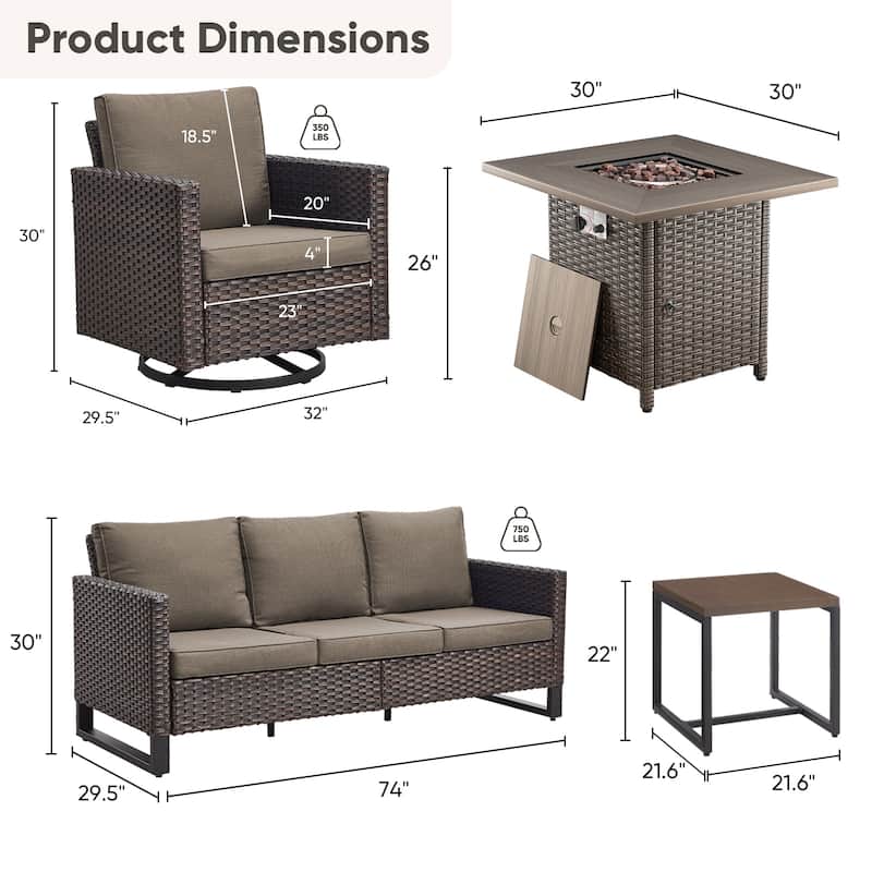 5 Pieces Fire Pit Table with Sofa Swivel Chair Set
