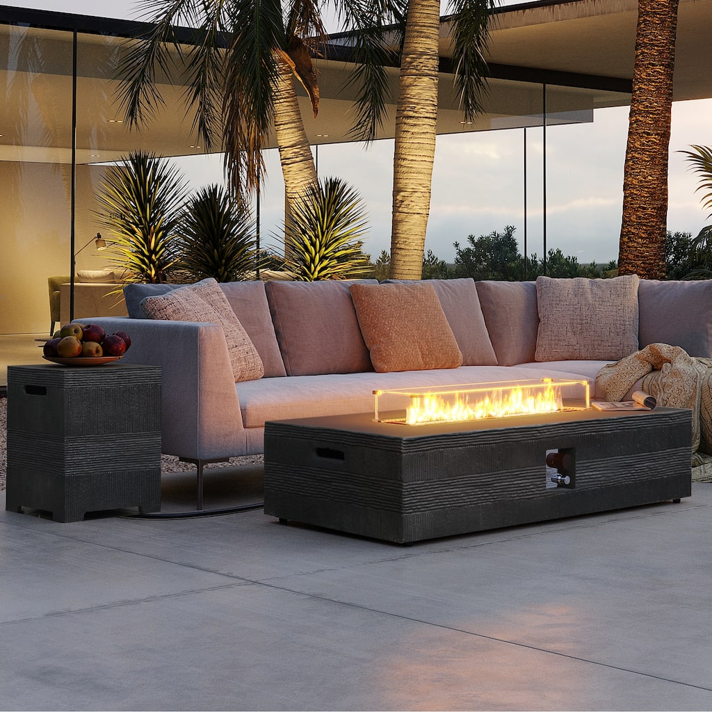 Patio Watcher 56in. Outdoor Rectangle Magnesium Oxide Fire Pit Table with Gas Tank Cover and Wind Guard
