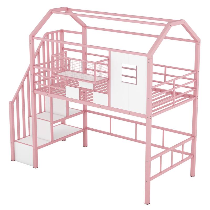 Metal Loft Bed for Kids with Roof Design, Storage Box, and Guardrails - Twin Size, Perfect for Small Spaces