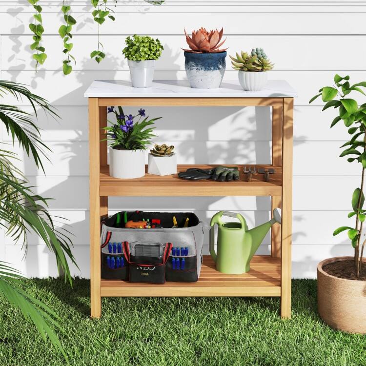 Natural and White Acacia Wood Resin Potting Bench with 3 Tier Storage Waterproof Countertop - 32" x 16" x 36"