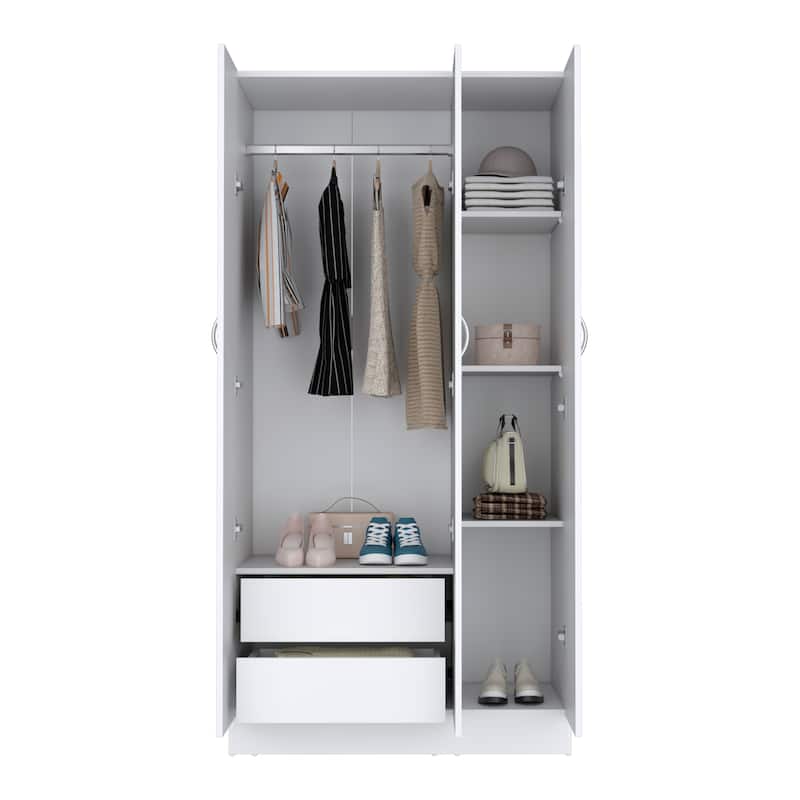 35.4" Modern Three-door Armoire with 2 Drawers and 4-Tier Shelves for Bedroom