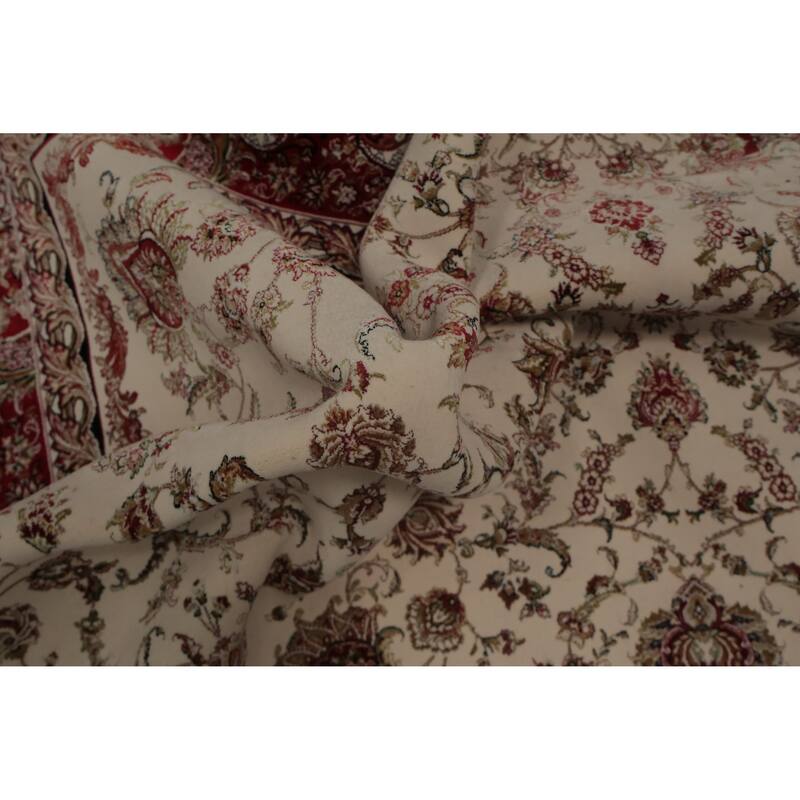 Machine Made Oriental 90% Silk - 10% Polyester Carpet Traditional All-Over Beige & Ivories Qum Area Rug - 9' 10'' X 6' 6''