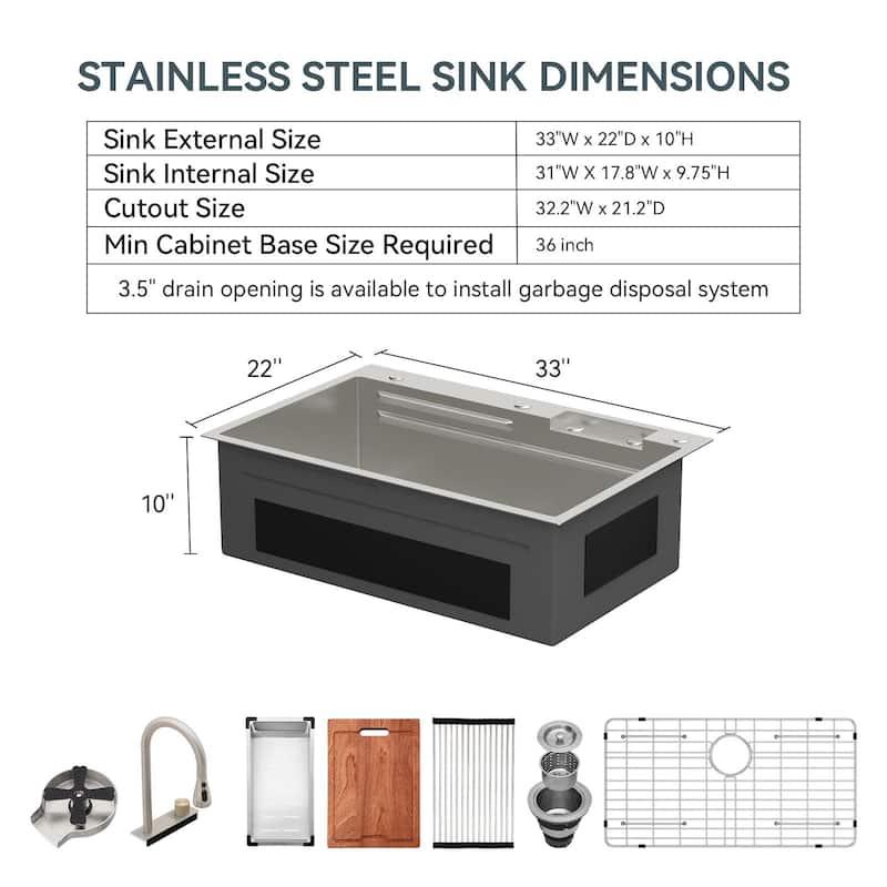 33x22 in. Fly Rain Drop in Kitchen Sink Single Bowl Waterfall Workstation Kitchen Basin with Faucet