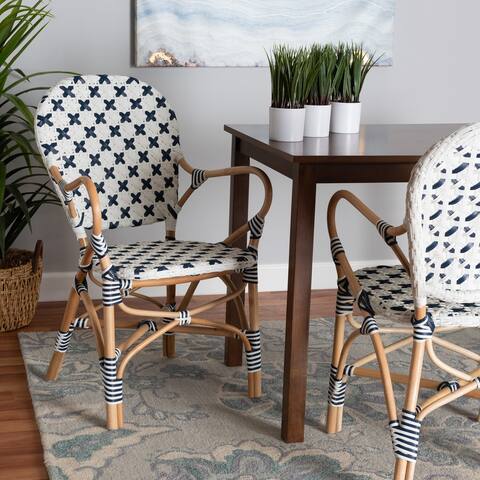 Bryson Modern French Natural Rattan Bistro Chair with Blue and White Weaving