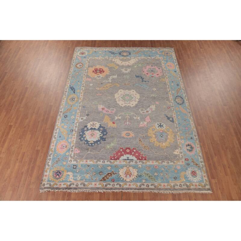 Gray Floral Oushak Area Rug Hand-Knotted Wool Carpet - 8'8"x 11'10"