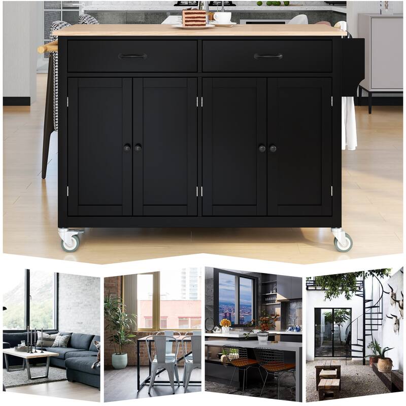 Black Solid Wood Kitchen Island with Locking Wheels, Rolling Kitchen Cart, Closed Storage Kitchen Cabinet with Rack