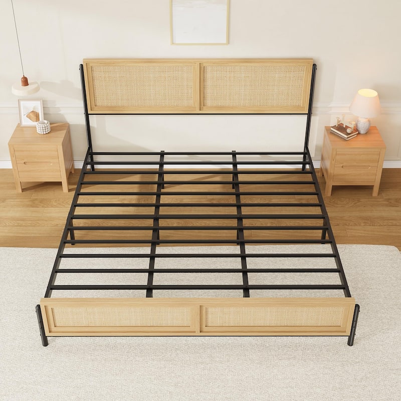 Boho Bed Frame with Natural Rattan Headboard and Footboard