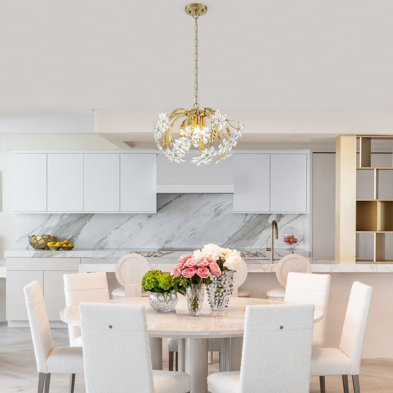 Brushed Gold 4-Light Branch Chandelier with Crystal Floral Accents - Dia.17.72-in