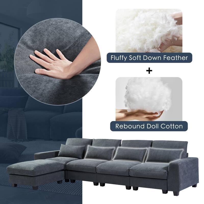 Chenille L-Shape Modular Sectional Sofa, Convertible Sleeper Upholstered Sofabed with 4 Pillow and Movable Ottoman