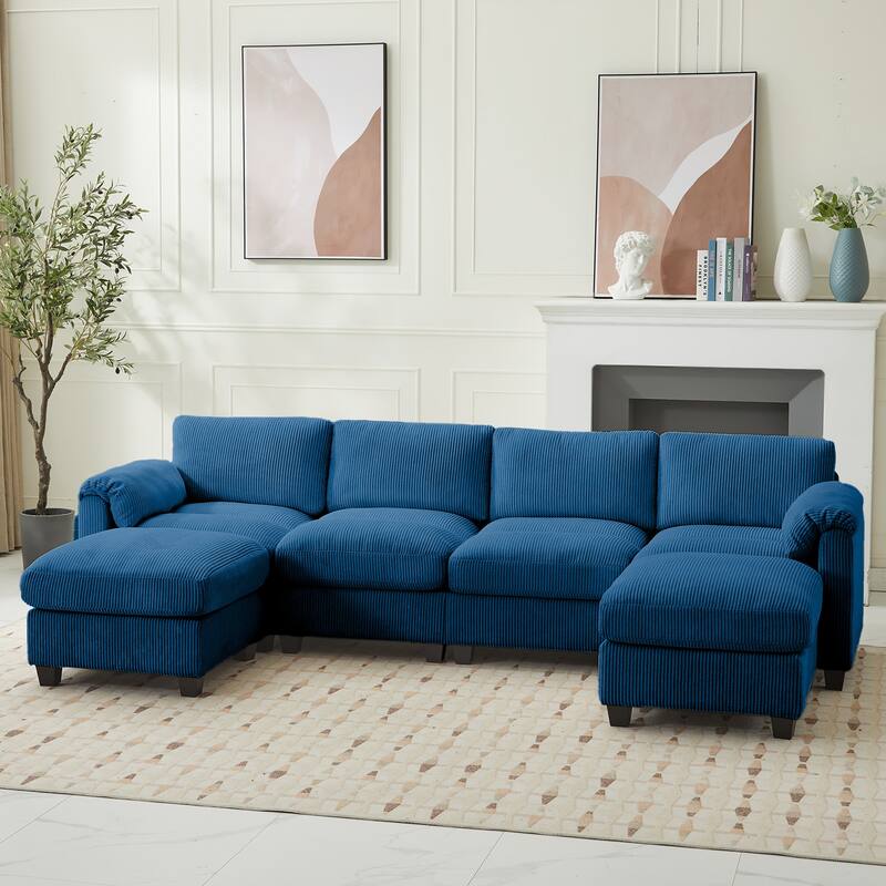 Corduroy Sectional Sofas with 2 Removable Ottomans, U-shaped Symmetrical 6-Seat Modular Couch