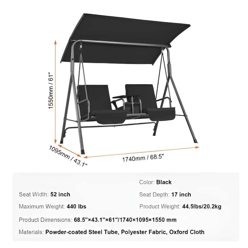 Outdoor 2-Seat Patio Swing Chair with Canopy and Tray for Backyard - 68.5" × 43.1"× 61"