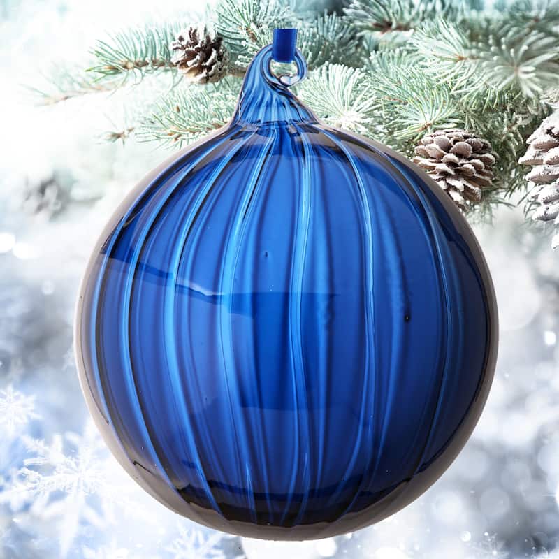 5" Glass Clear Stripe Ball Ornament Set of 4