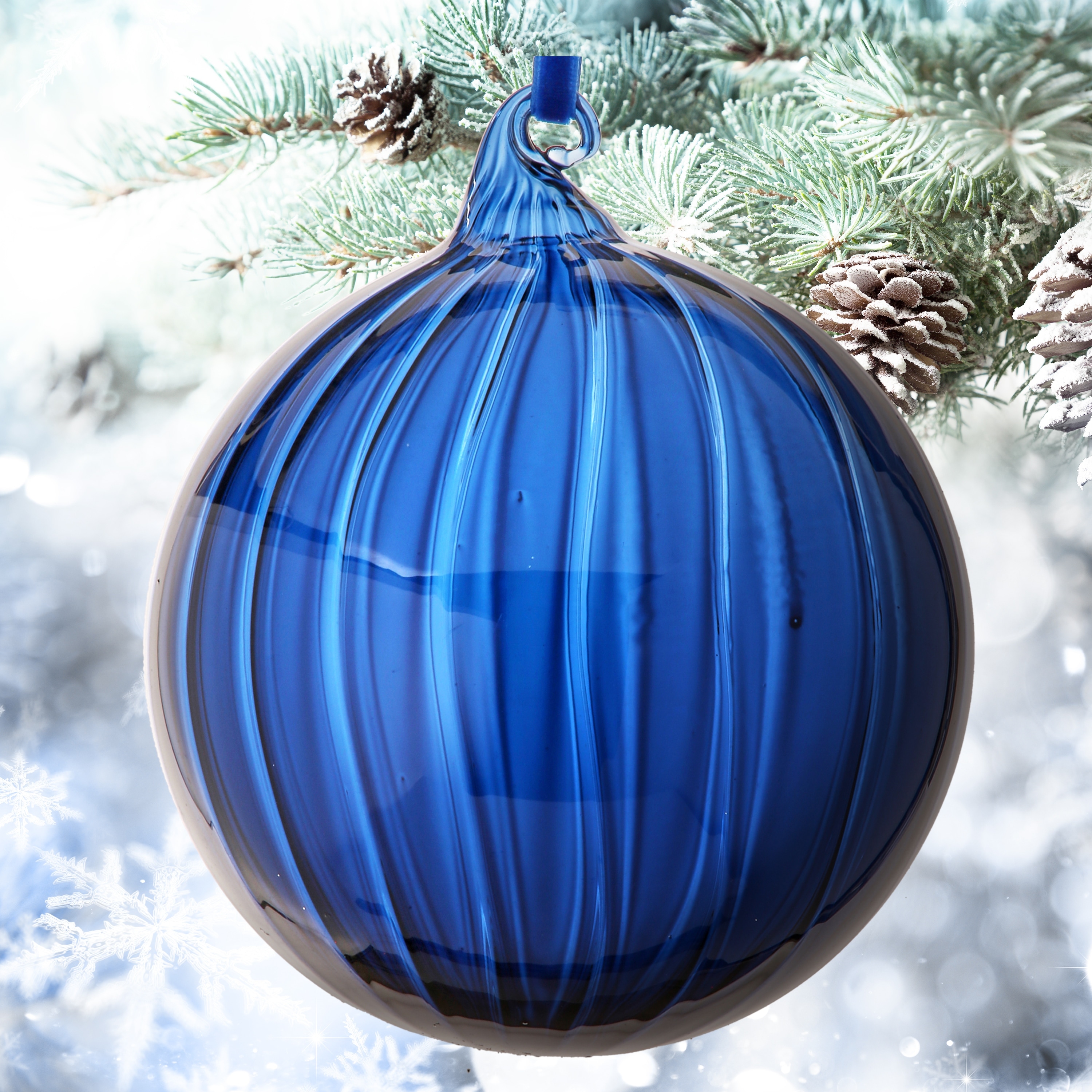 5" Glass Clear Stripe Ball Ornament Set of 4