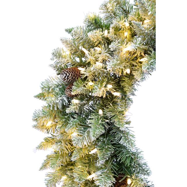 Fraser Hill Farm 36" Frosted Pine Wreath Door Hanging with Pinecones with Warm White LED Lightning