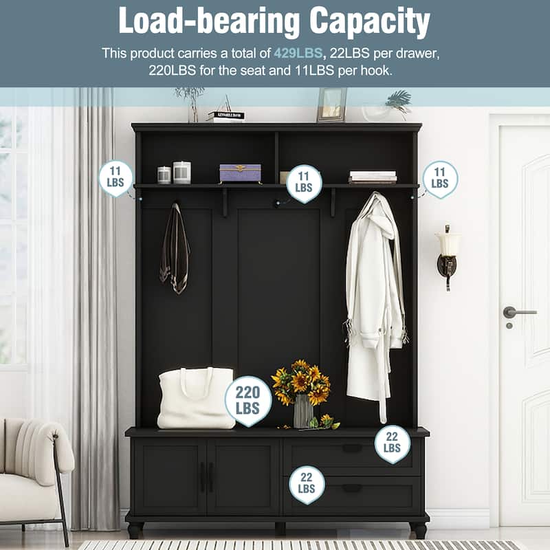 59" Hall Tree with Storage Cabinet, 2 Large Drawers, Wide Entryway Bench & 5 Hooks, Modern Coat Rack Organizer