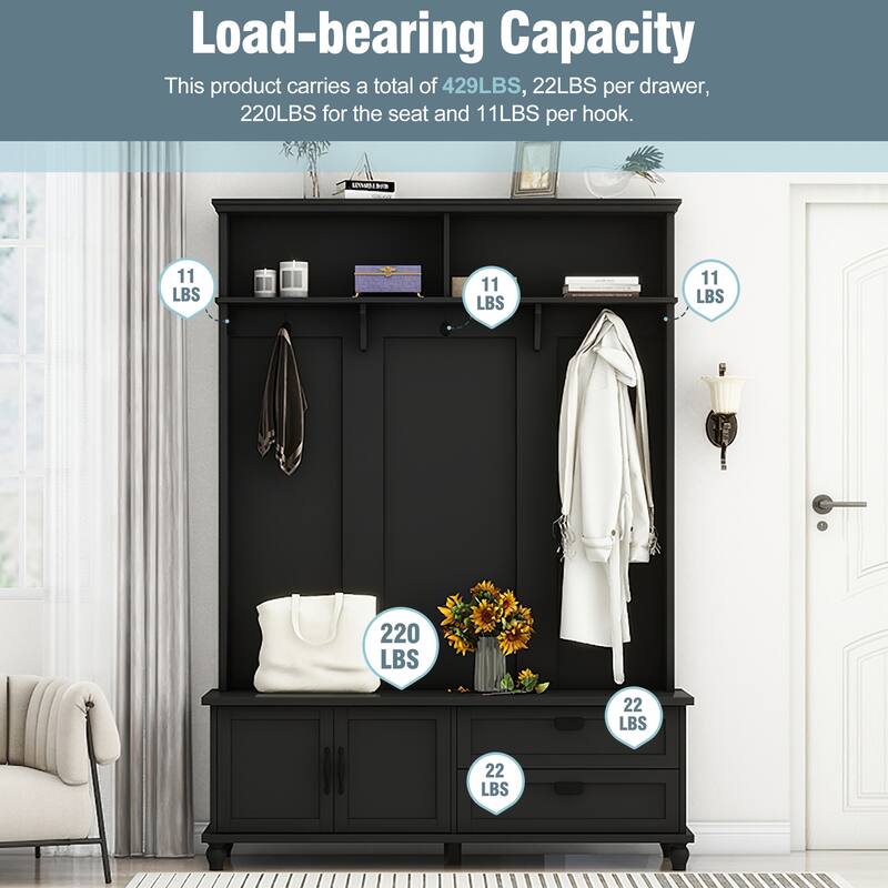 Modern Hall Tree Cabinet Coat Rack with Bench & Double-Side Hooks, Storage Cabinet with Drawers