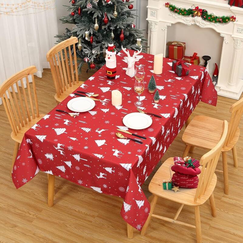 Christmas Rectangular Tablecloth Waterproof Holiday Xmas Decor, Red - 60"*84"