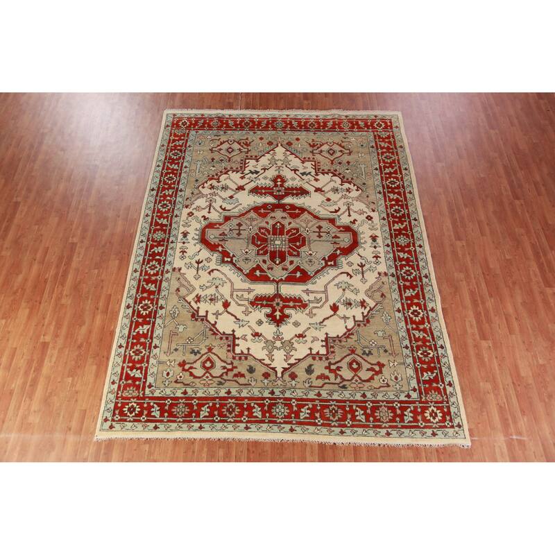 Hand Knotted Oriental 100% Wool Carpet Traditional Medallion Beige & Ivories Heriz (serapi) Area Rug - 11' 9'' X 8' 9''