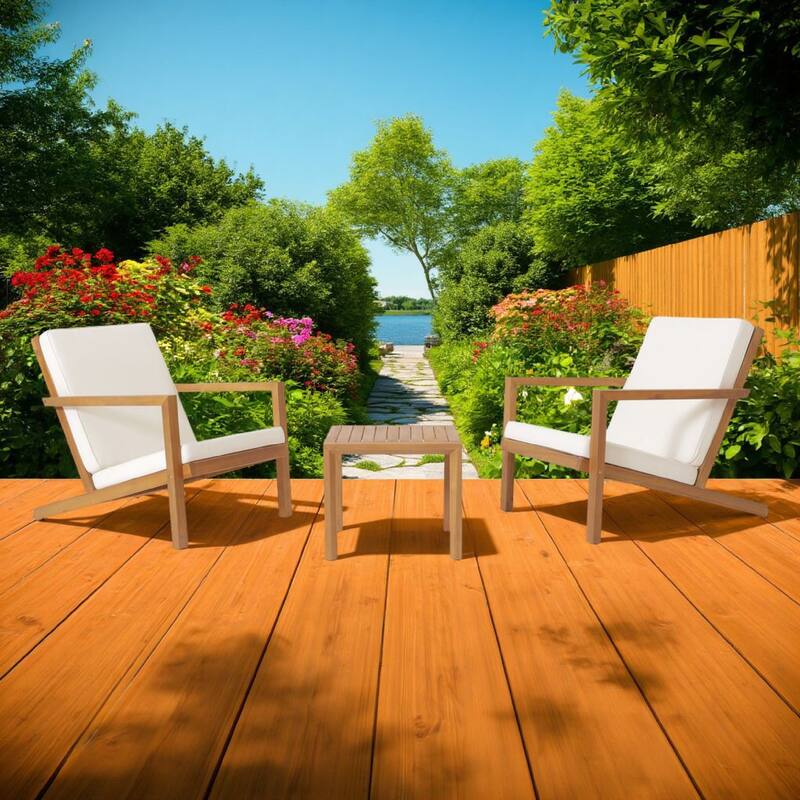 Liah Outdoor Patio Table Set, 2 Chairs, Brown Acacia Wood, Cream Polyester