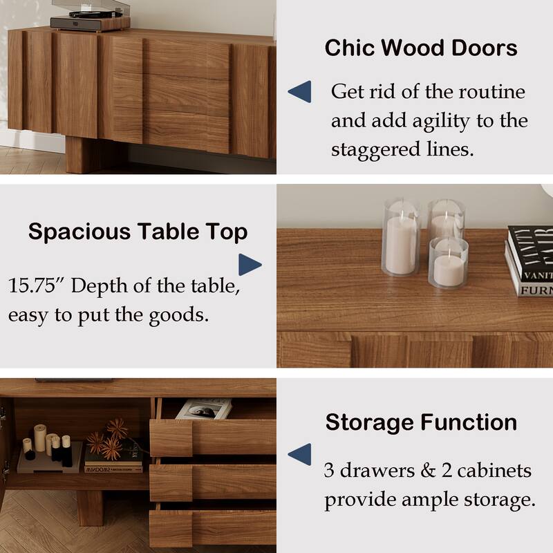 71" Mid Century Wood TV Stands, Brown Media Console with 3 Drawers and 2 Cabinets