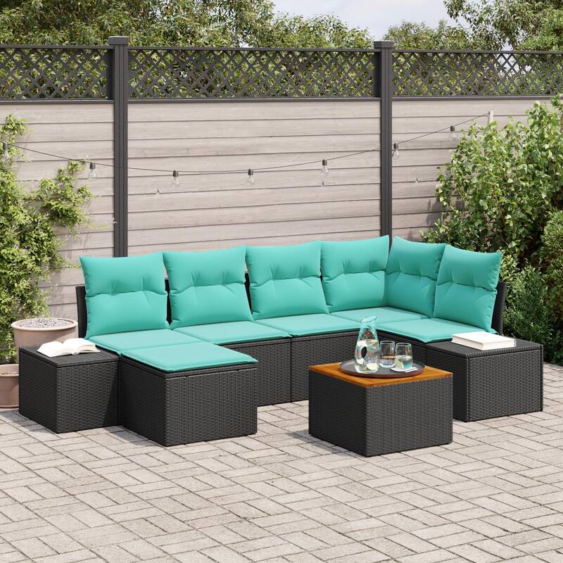 vidaXL 7 Garden Sofa Set with Cushions Black/Grey Poly Rattan - 103.9 x 60.6 x 27.2 - Black