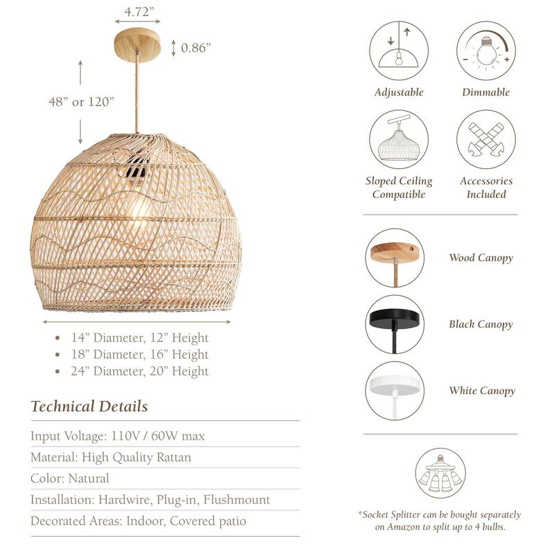 Santana Rattan Pendant Light - Natural Dome 1-Light Handwoven Light Fixture For Modern, Contemporary, Farmhouse Room Decor