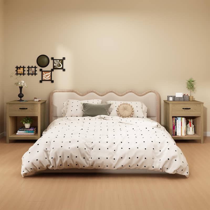 Wood Nightstand with Drawer and Open Shelf, Modern Bedside Table with Storage, Wooden End Table for Bedroom