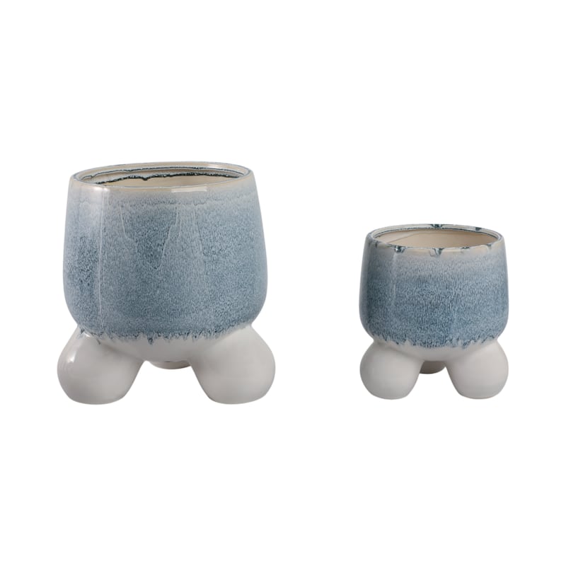 Stoneware Planters Sculptural Tripod Base Modern Containers (Set of 2) - 11" x 11" x 11" - Blue/white - 11" x 11" x 11"