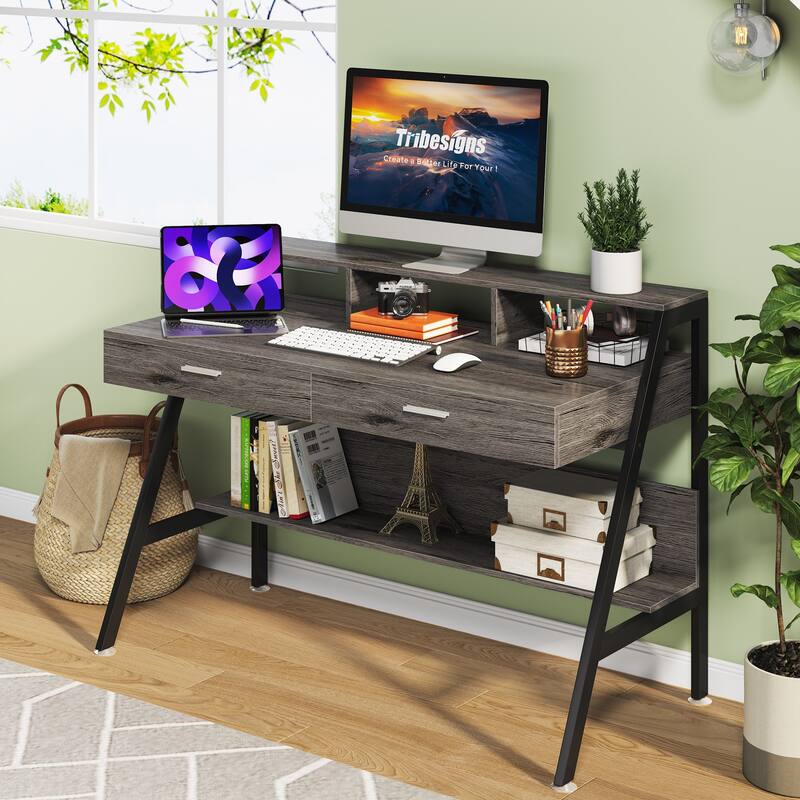 47" Computer Desk with 2 Drawers & Storage Shelf & Monitor Stand