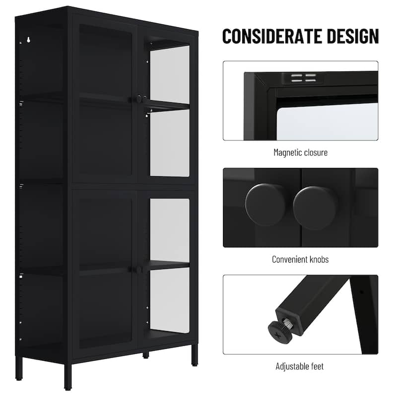 Four Glass Door Storage Cabinet with Adjustable Shelves and Feet Cold-Rolled Steel Sideboard Furniture