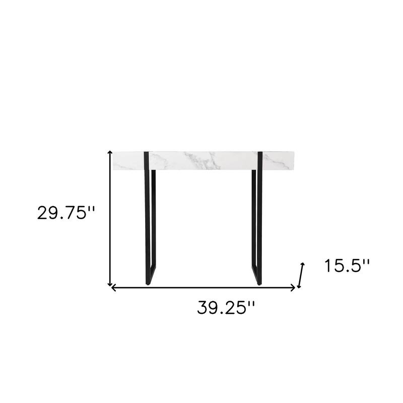 White Faux Marble Rectangular Console Table with Black Iron Sled Base - 9.25” L x 15.5” W x 29.75” H