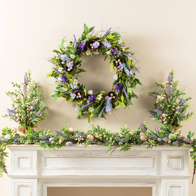 Glitzhome Easter Wreath with Eggs Lavender Bird Nest for Front Door Wall Window Holiday Decoration