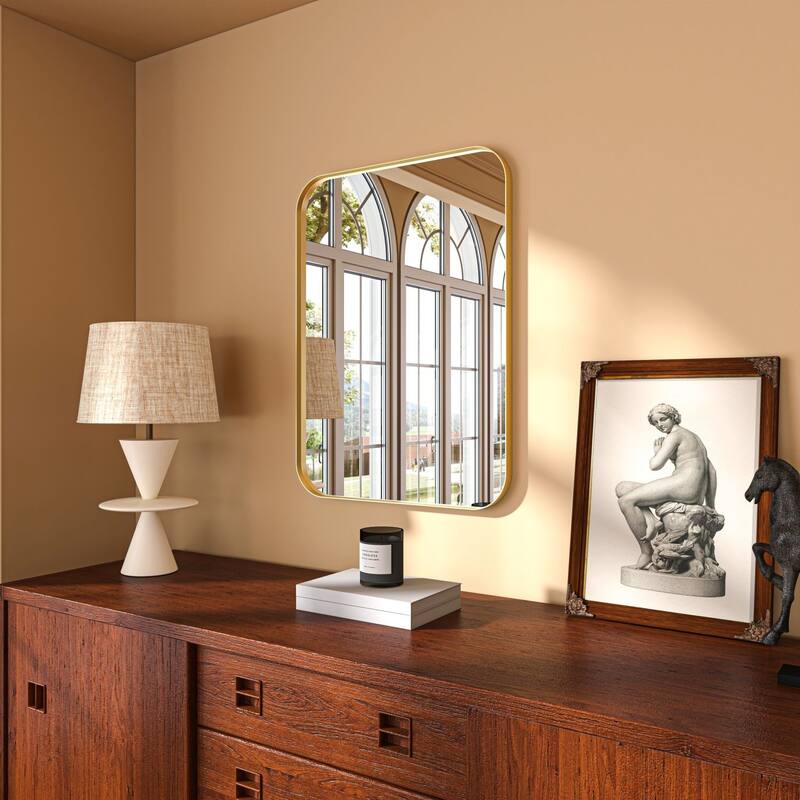 Organnice Rectangular Aluminum Framed Modern Rounded Wall Mount Mirror