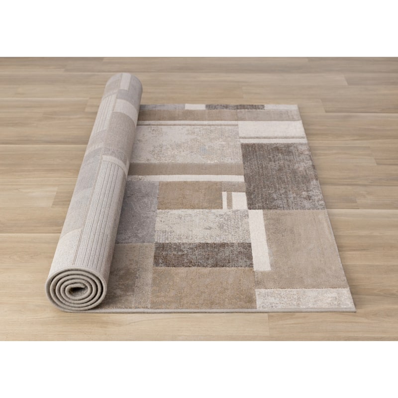 Beige Grey Geometric Overlapping Blocks High-Traffic Plush Rug